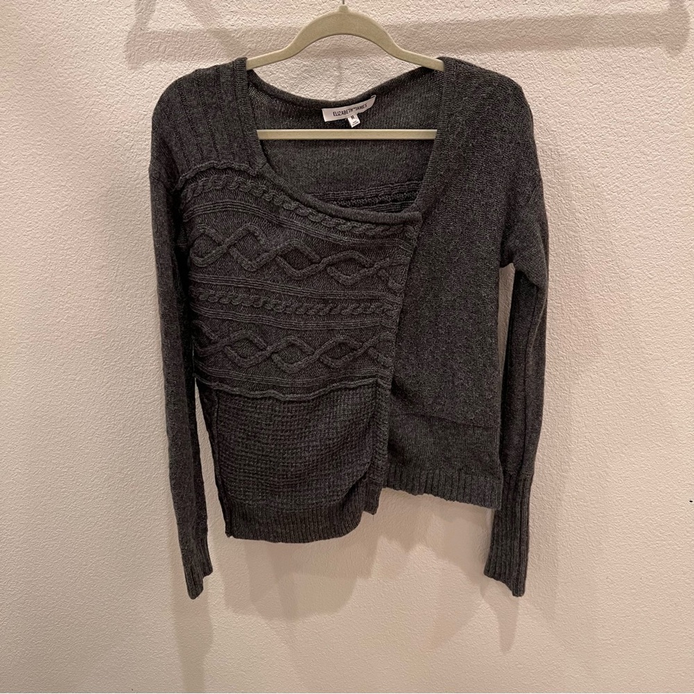 ELIZABETH AND JAMES Asymmetric Cable Knit Dark Grey Wool Blend Cardigan